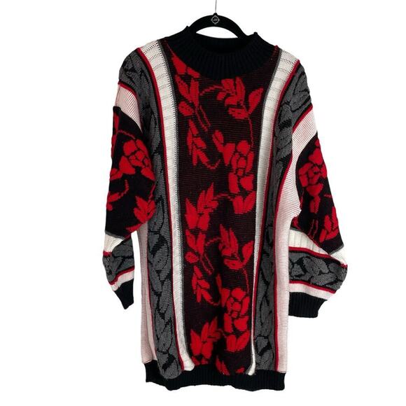 Vintage mock neck floral striped tunic length sweater - Picture 3 of 7